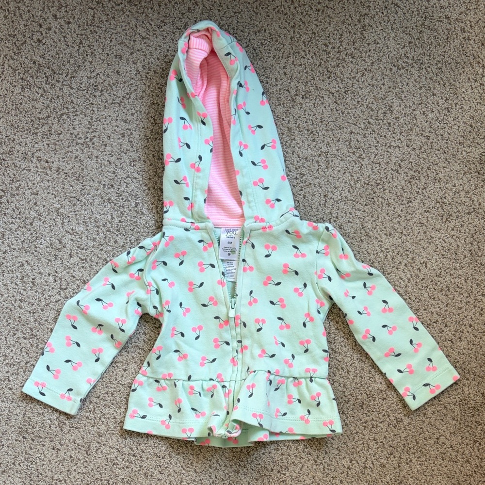 Mint Cherry Print Hooded Baby Jacket with Pink Lining